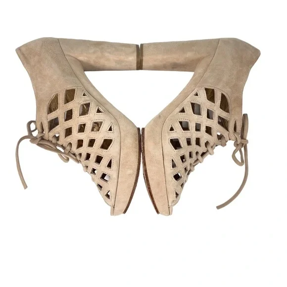 SEE by CHLOE caged lattice lace up open toe platform suede block heels - Picture 2 of 9